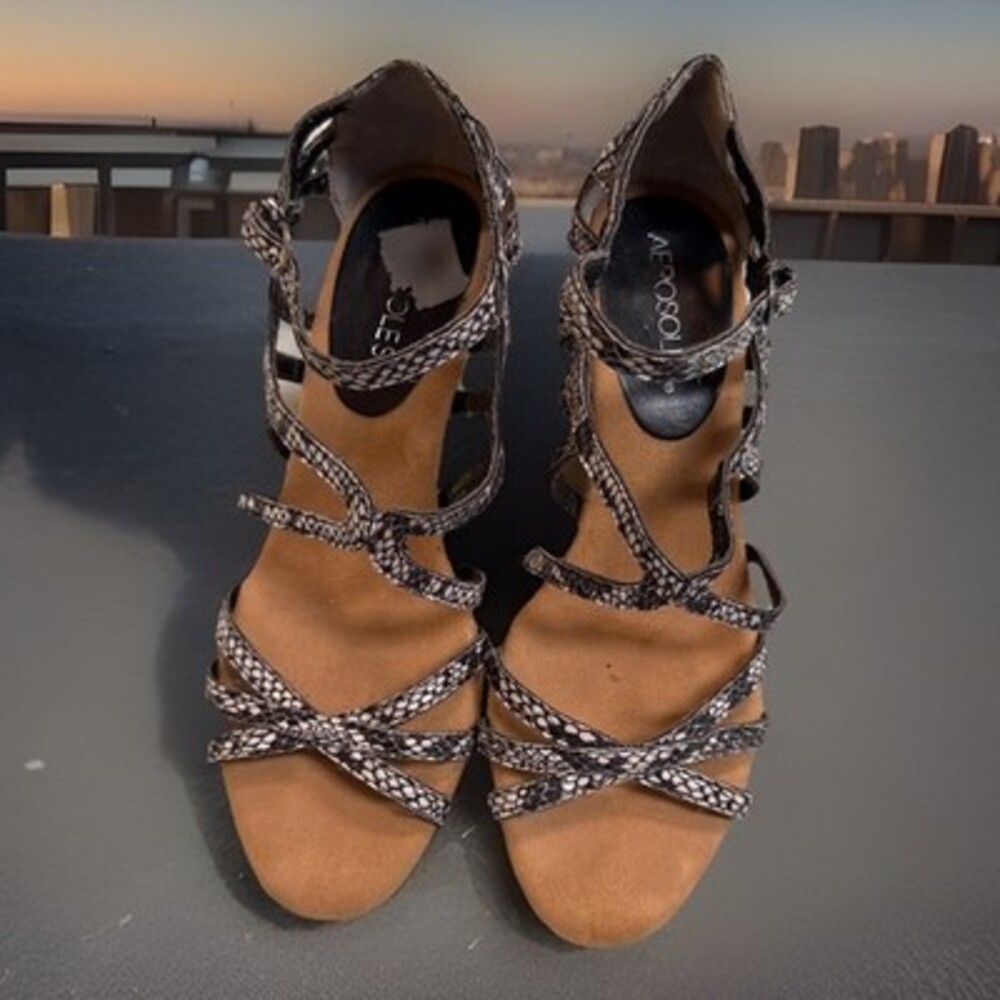 Aerosoles Snake Print Leather Cork Wedges Sandals Sz 7.5 Animal Y2K Heels Womens